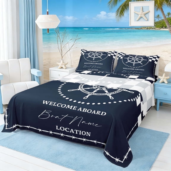 Manfei Nautical Wheel Checkerboard Queen Sheet Sets for Kids Boys and Girls, Nautical Print Bed Set 4 Pieces, 1 Flat Sheet, 1 Fitted Sheet and 2 Pillowcases
