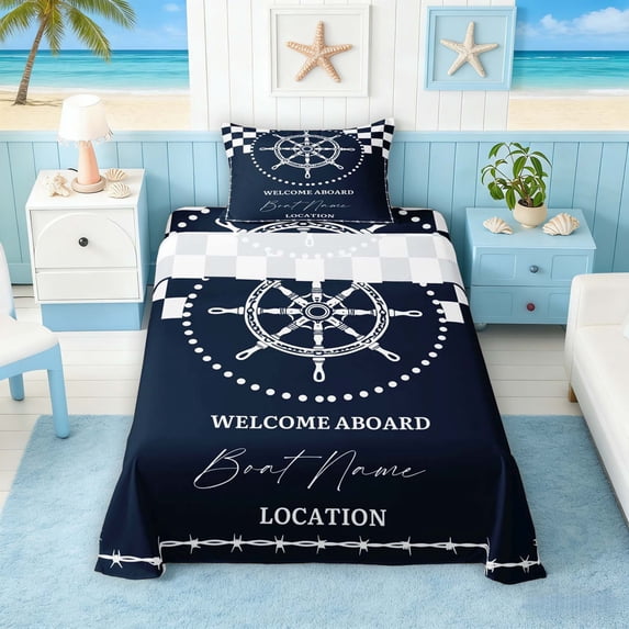 Manfei Nautical Wheel Checkerboard Twin Sheet Sets for Kids Boys and Girls, Nautical Print Bedding 3 Pieces, 1 Flat Sheet, 1 Fitted Sheet and 1 Pillowcase