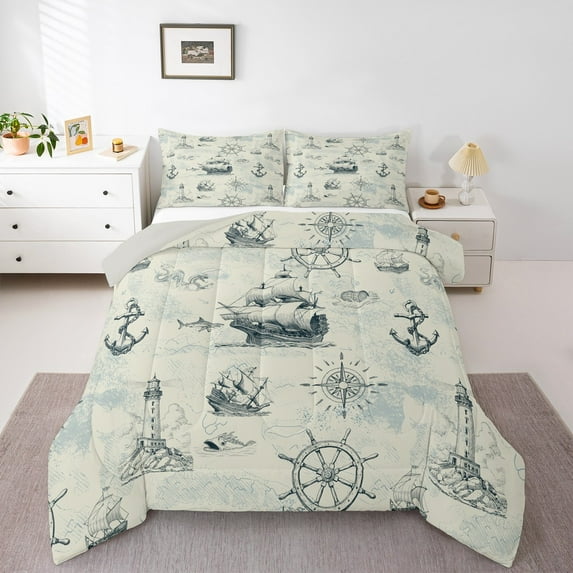 Manfei Navigation Adventure Theme King Size Comforter Sets,Retro Lighthouse Ship Anchor Bedding Comforter Set,Ocean Rudder Bedding Set For Teens,Luxury Bedroom Decor Reversible,3 Pieces