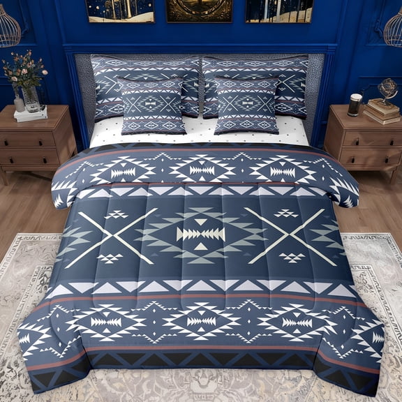 Manfei Navy Abstract Aztec Bedding Comforter Set 7pcs, Retro Hippie Triangle Queen Bedding Sets, Southwestern Theme Reversible Queen Sheet Sets, Luxury Bedroom Decor