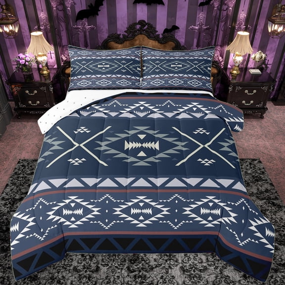 Manfei Navy Abstract Aztec Queen Comforter Set, Retro Hippie Triangle Bedding Sets, Southwestern Theme Reversible Bedding Comforter Set, Luxury Bedroom Decor, 3pcs