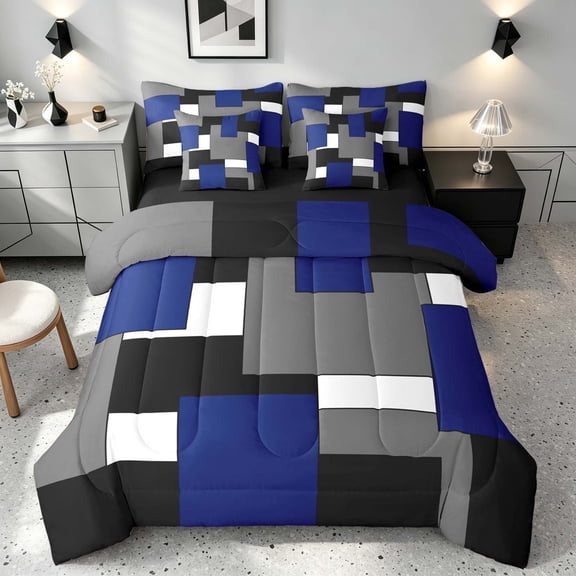 Manfei Navy Blue Gray Square Full Size Bedding Sets, Minimalism Geometric Grid Full Size Bed in a Bag, Black Reversible 7pcs
