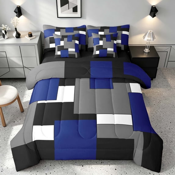 Manfei Navy Blue Gray Square Full Size Bedding Sets, Minimalism Geometric Grid Full Size Bed in a Bag, Black Reversible 7pcs