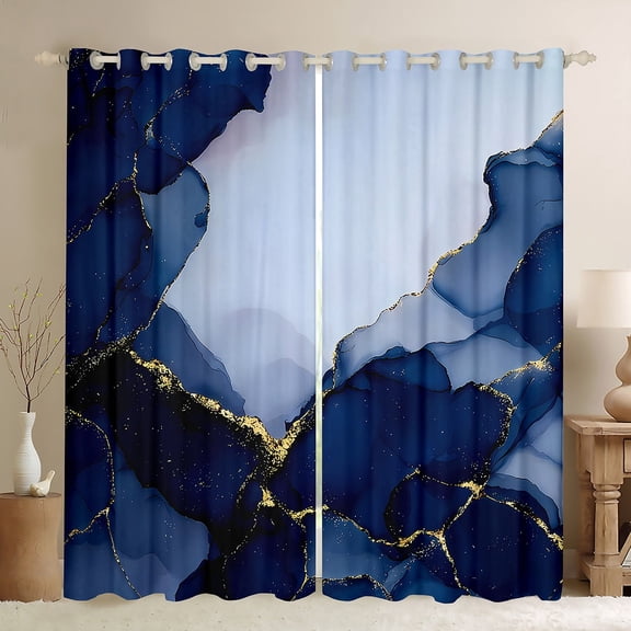 Manfei Navy Blue Marble Black Out Curtains, Abstract Watercolor Art Curtains Pack of 2 (42x63 Each), Marbling Stone Pattern Bedroom Curtains, Luxurious Room Decor