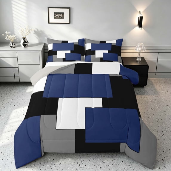 Manfei Navy Geometric Queen Comforter Set, Abstract Plaid Comforter Sets Queen, Black White Blue Gray, Gray Reversible 3-Piece, 1 Comforter and 2 Pillowcases
