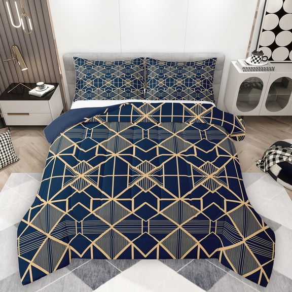 Homewish Navy Gold Triangle Queen Comforter Set for Adult, Chic Minimalst Minimalism Bedding Sets, Abstract Stripes Reversible Bedding Comforter Set, Super Cozy Room Decor, 3-Piece