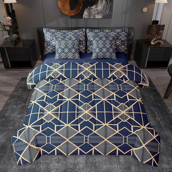 Homewish Navy Gold Triangle Twin Bedding Sets 7-Piece for Adult, Chic Minimalst Minimalism Bedding Comforter Set, Abstract Stripes Reversible Sheet Sets, Super Cozy Room Decor