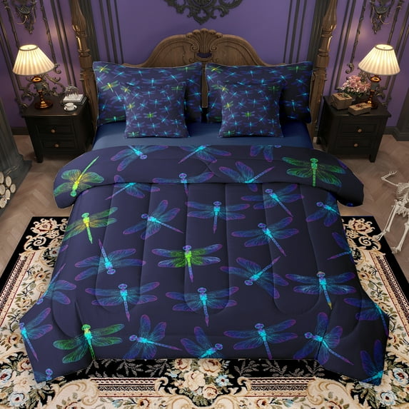 Manfei Navy Hippie Dragonfly 7-Piece Bedding Comforter Set, Cartoon Mandala Animal King Bedding Sets, Vintage Bohemian Style Reversible Bed Sheets, Breathable Home Decor