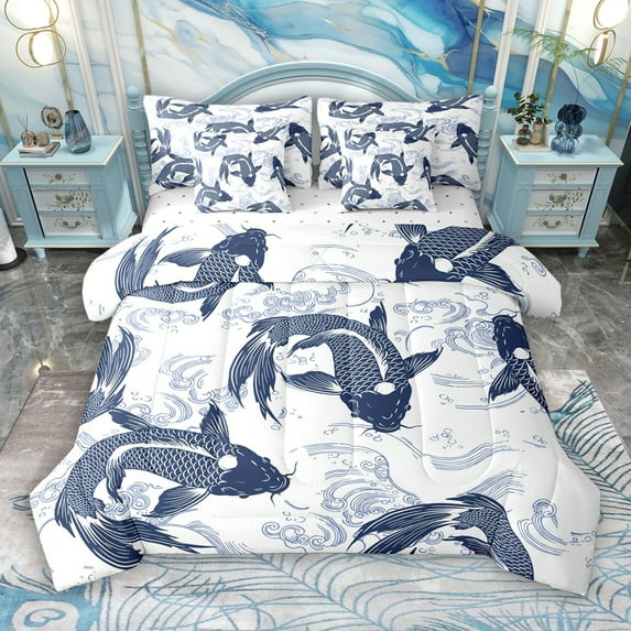 Manfei Navy Japanese Fish 7-Piece Bedding Comforter Set, Tokyo Ocean Waves King Bedding Sets, Vintage Stripes Abstract Reversible Bed Sheets, Breathable Home Decor