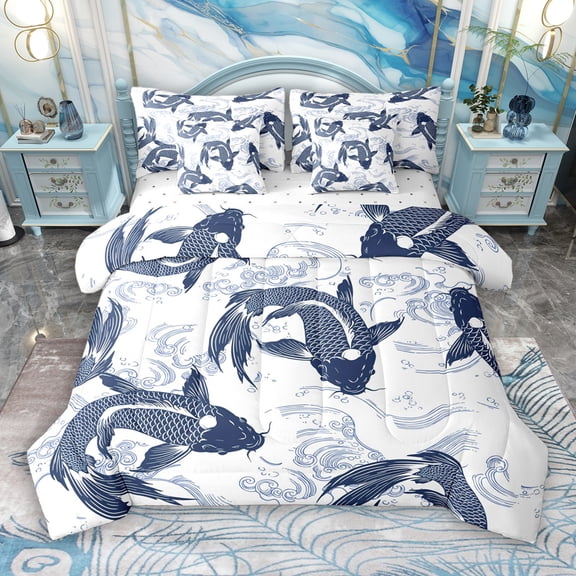 Manfei Navy Japanese Fish 7pcs Bedding Comforter Set, Tokyo Ocean Waves Queen Bedding Sets, Vintage Stripes Abstract Reversible Queen Sheet Sets, Breathable Home Decor