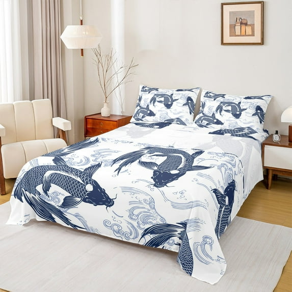 Manfei Navy Japanese Fish Full Size Sheets, Tokyo Ocean Waves Bed Sheets, Vintage Stripes Abstract Sheet Sets, Breathable Home Decor, 4-Piece