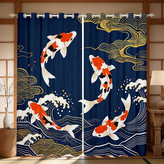 Manfei Navy Koi Blackout Curtains, Gold Cloud Wave Curtains Pack of 2 (42x84 Each)