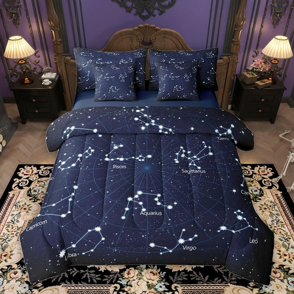 Homewish Navy Mystic Astrology Bedding Comforter Set 7pcs, Dreamy Starry Sky King Bedding Sets, Glitter Stars Print Reversible Bed Sheets, Super Cozy Room Decor