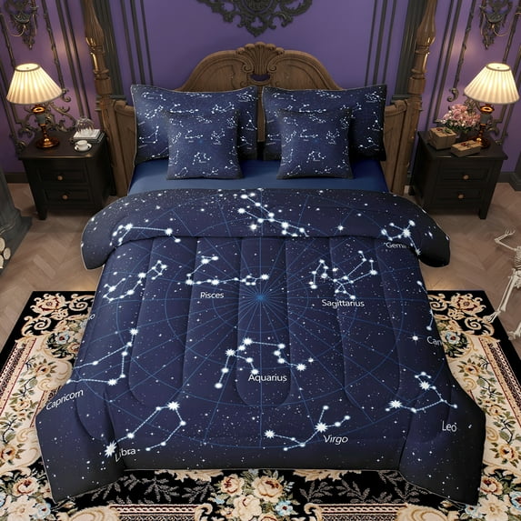 Homewish Navy Mystic Astrology Twin Bedding Sets 7-Piece, Dreamy Starry Sky Bedding Comforter Set, Glitter Stars Print Reversible Sheet Sets, Super Cozy Room Decor