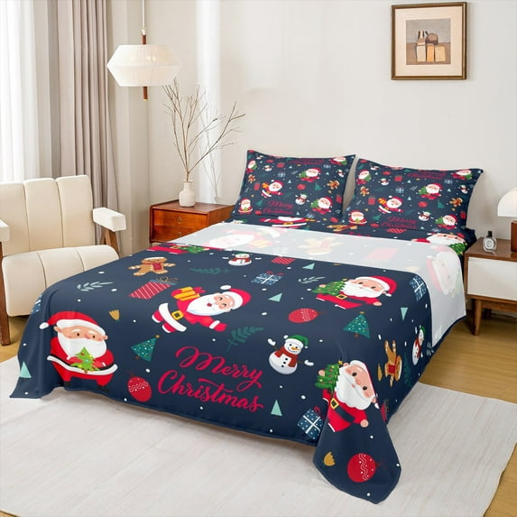 Manfei Navy Red Santa Claus Bed Sheets, Cartoon Snowman King Sheets, Kawaii Christmas Theme Sheet Set, Microfiber Bedroom Decor, 4pcs
