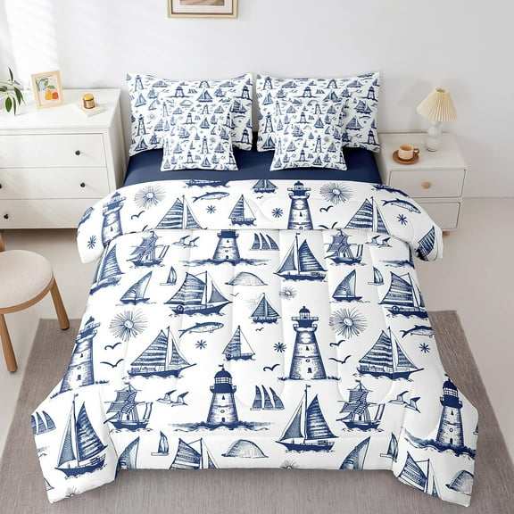 Manfei Navy Sailboat Bedding Comforter Set 7-Piece,Ocean Sea Seagull King Bedding Sets,Vintage Lighthouse Bed Sheets,Microfiber Bedroom Decor Reversible