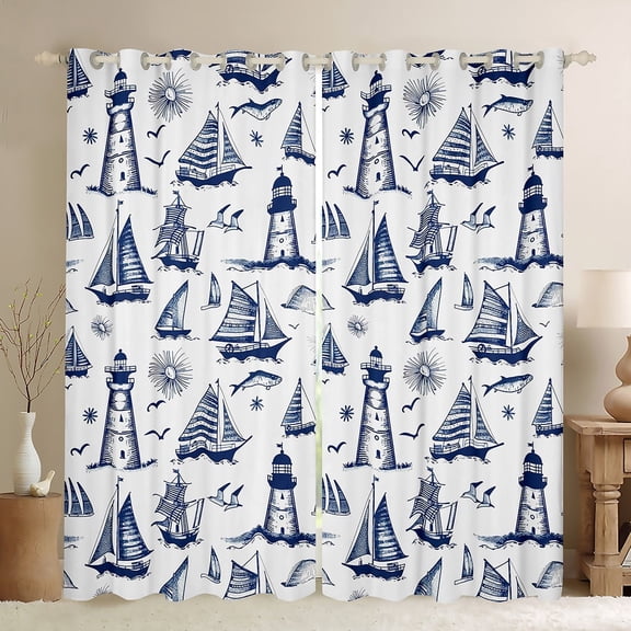 Manfei Navy Sailboat Black Out Curtains,Ocean Sea Seagull Curtains Pack of 2 (42x63 Each),Vintage Lighthouse Bedroom Curtains,Microfiber Bedroom Decor