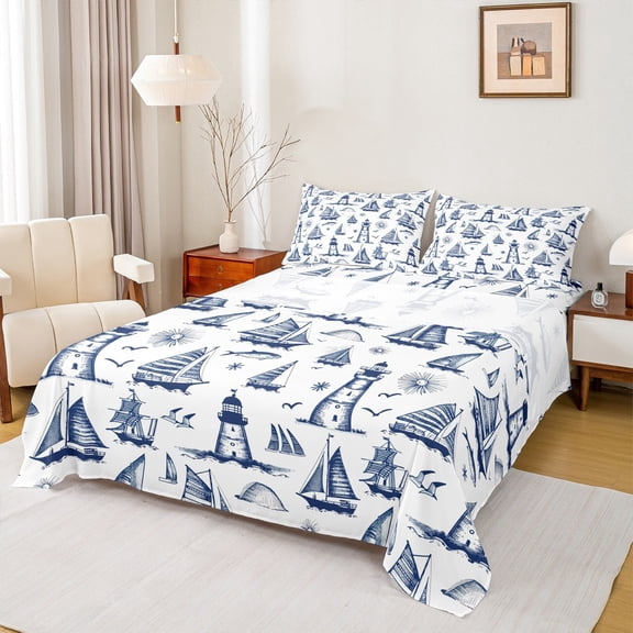 Manfei Navy Sailboat Full Size Sheets,Ocean Sea Seagull Bed Sheets,Vintage Lighthouse Sheet Sets,Microfiber Bedroom Decor,4 Pieces