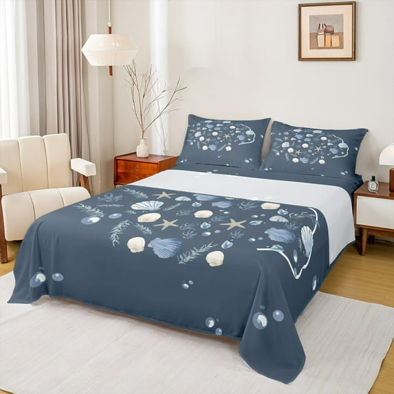 Manfei Navy Seashell Bed Sheets Twin, Marine Starfish Twin Sheet Sets, Teenager Boys Girls Bedding Sets Twin Size, Ultra Soft Room Decor, 3-Piece