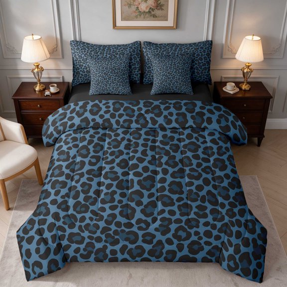 Manfei Navy Spotted Leopard Twin Bedding, Deep Blue Contrast Bedding Comforter Set, Black Reversible 7-Piece