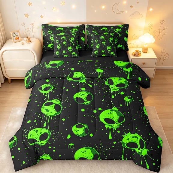 Manfei Neon Alien Skulls 7 Pieces Full Size Bedding Sets,Cartoon Green Splatter Art Full Size Bed in a Bag,Black Green,Black Reversible