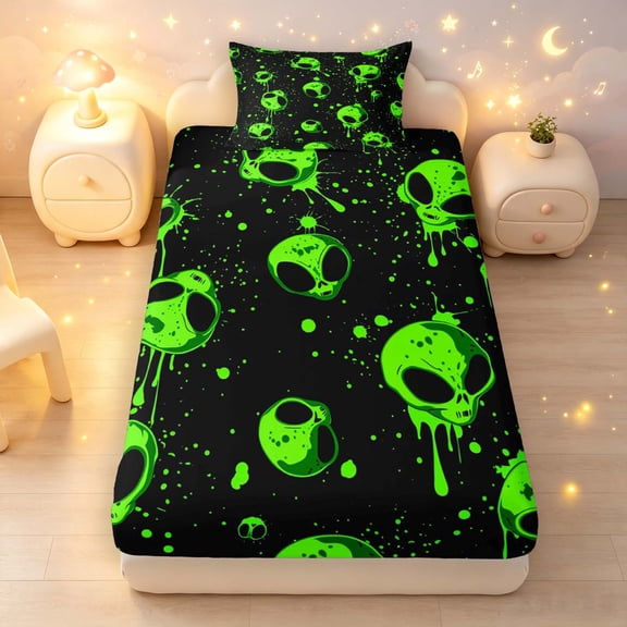 Manfei Neon Alien Skulls Fitted Sheet Full,Cartoon Green Splatter Art Bed Set,Black Green,3pcs