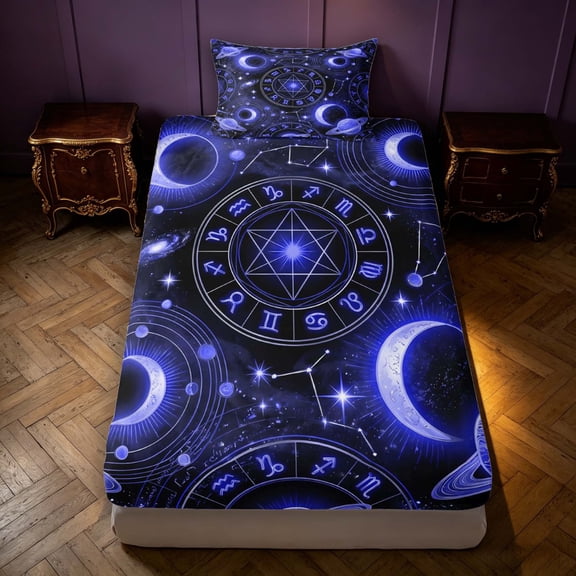 Manfei Neon Astrology Moon Stars Fitted Sheet Queen,Celestial Ringed Planets Bedding,3pcs