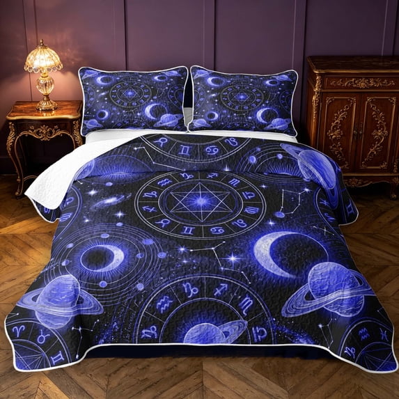 Manfei Neon Astrology Moon Stars Quilt King,Celestial Ringed Planets King Coverlet Set,Black Reversible,3-Piece,1 Bedspread and 2 Pillowcases