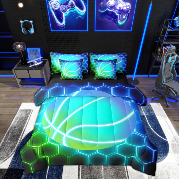 Manfei Neon Basketball Bedding Sets Twin Size, Futuristic Honeycomb Bed in a Bag Twin size, Sport Player Reversible Comforter Sets with Sheets, Breathable Room Decor, 7 Pieces