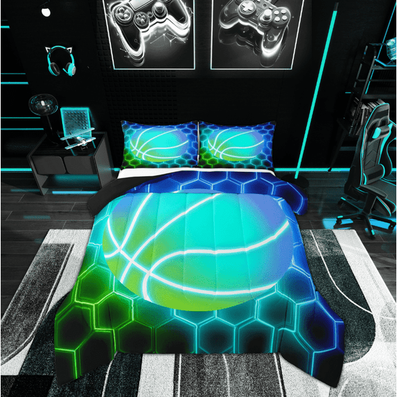 Manfei Neon Basketball Comforter Sets Twin Size, Futuristic Honeycomb Down Comforter, Sport Player Reversible Bedding Twin Comforter Set, Breathable Room Decor, 2 Pieces