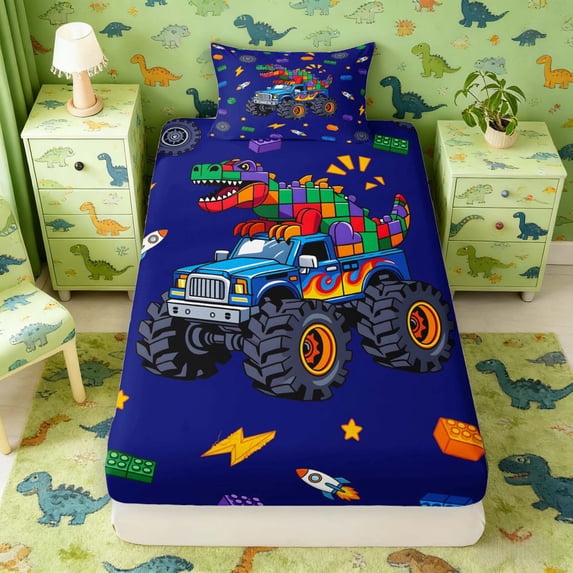 Manfei Neon Block Dino Animals Twin Fitted Sheet,Gothic Truck Lightning Bedding,Navy,2pcs,1 Fitted Sheet and 1 Pillowcase