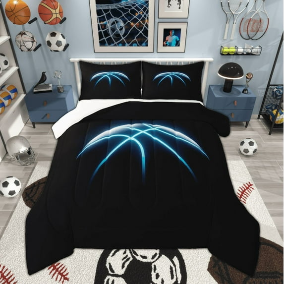 Manfei Neon Blue Basketball Bedding Comforter Set for Teens Boys, Sports Theme Twin Comforter Sets, Athlete Black Bedding Set, Luxury Bedroom Decor