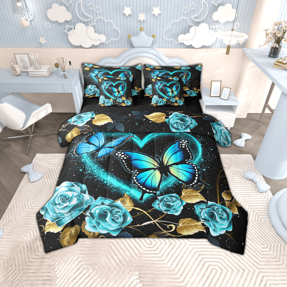Manfei Neon Blue Butterfly 7-Piece Bedding Sets Full Size, Cyan Teal Rose Comforter Sets with Sheets, Black Gold Bedding Accessories, Microfiber Room Decorative