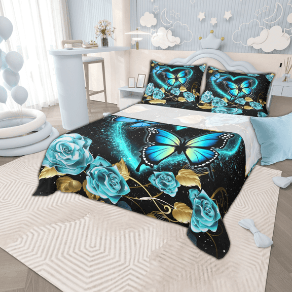 Manfei Neon Blue Butterfly Bed Sheets Set Full Size, Cyan Teal Rose Bedding Sets Full Size, Black Gold Top Sheet, Microfiber Room Decorative, 4-Piece