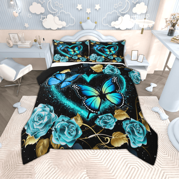 Manfei Neon Blue Butterfly Bedding Sets Toddler with Comforter, Cyan Teal Rose Duvet Insert, Black Gold Comforter Sets Toddler Size, Microfiber Room Decorative, 2pcs Reversible