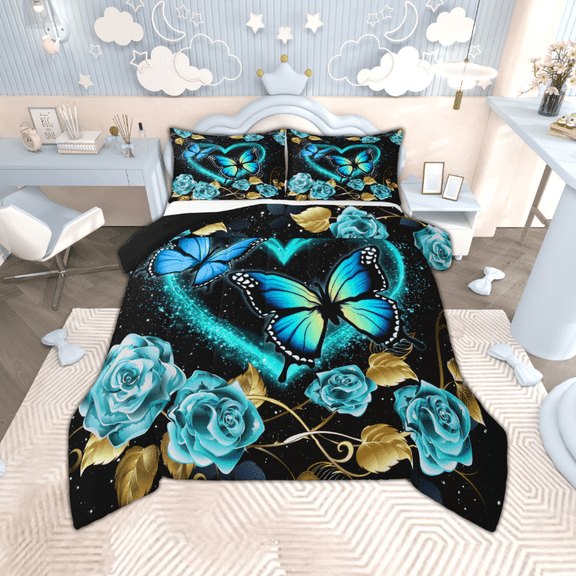 Manfei Neon Blue Butterfly Comforter Sets Twin Size, Cyan Teal Rose Comforters & Duvets, Black Gold Bedding Twin Comforter Set, Microfiber Room Decorative, 2-Piece Reversible