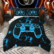 Manfei Neon Blue Gamepad Bedding Comforter Set for Boys, Honeycomb Abstract Twin Comforter Sets, Mystic Glitter Galaxy Reversible Bedding Set, Luxury Bedroom Decor, 2-Piece