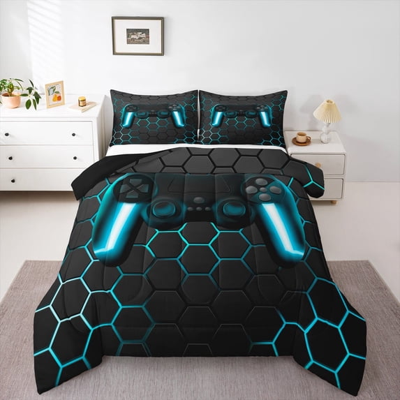 Manfei Neon Blue Gamepad Bedding Comforter Set, Geometric Honeycomb Twin Comforter Sets, Teen Boy Girl Kid Reversible Bedding Set, Microfiber Bedroom Decor, 2 Pieces