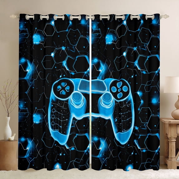 Manfei Neon Blue Gamepad Black Out Curtains for Boys, Honeycomb Abstract Curtains Pack of 2 (42x63 Each), Mystic Glitter Galaxy Bedroom Curtains, Window Curtains Decor