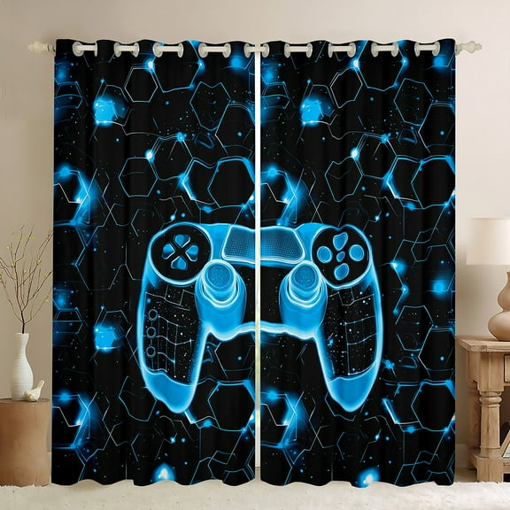 Manfei Neon Blue Gamepad Black Out Curtains for Boys, Honeycomb Abstract Curtains Pack of 2 (42x63 Each), Mystic Glitter Galaxy Bedroom Curtains, Window Curtains Decor