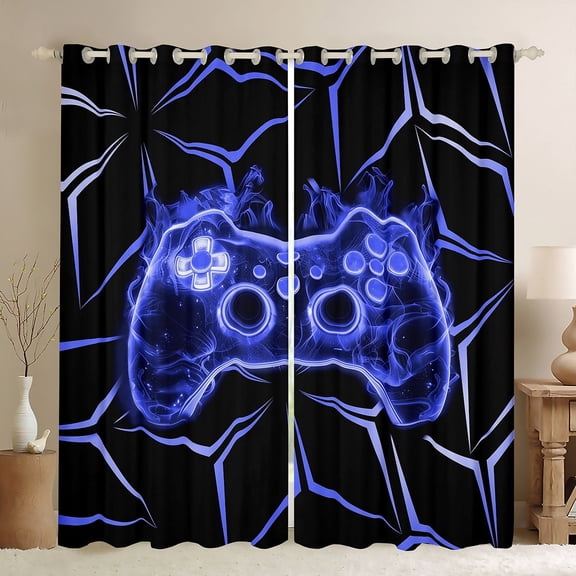 Manfei Neon Blue Gamepad Blackout Curtains Set of 2 (52x84 Each) for Boys, Honeycomb Abstract Window Curtains, Mystic Glitter Galaxy Curtains and Drapes, Window Curtains Decor
