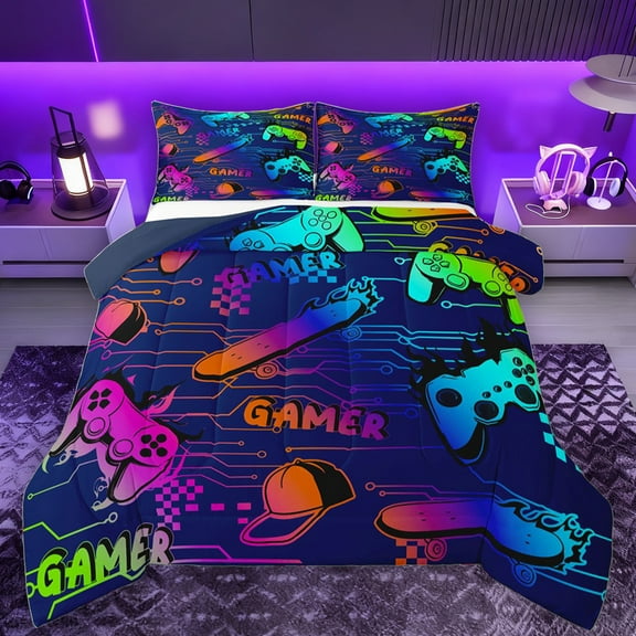 Manfei Neon Cartoon Gamepad Bedding Comforter Set for Kids, Skateboard Sports Lover Twin Comforter Sets, Square Abstract Reversible Bedding Set, Luxury Bedroom Decor, 2 Pieces