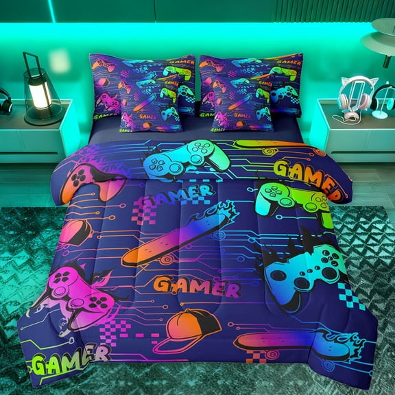 Manfei Neon Cartoon Gamepad Twin Bedding Sets 7-Piece for Kids, Skateboard Sports Lover Bedding Comforter Set, Square Abstract Reversible Sheet Sets, Luxury Bedroom Decor
