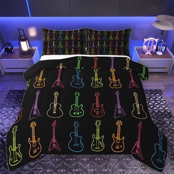Manfei Neon Colorful Guitar Full Size Comforter Sets, Cartoon Musical Instruments Bedding Comforter Set, Teens Kids Boys Girls Reversible Bedding Sets, Luxury Bedroom Decor, 3 Pieces