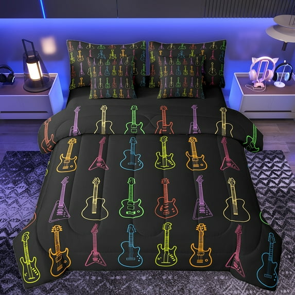 Manfei Neon Colorful Guitar Twin Bedding Sets 7-Piece, Cartoon Musical Instruments Bedding Comforter Set, Teens Kids Boys Girls Reversible Sheet Sets, Luxury Bedroom Decor