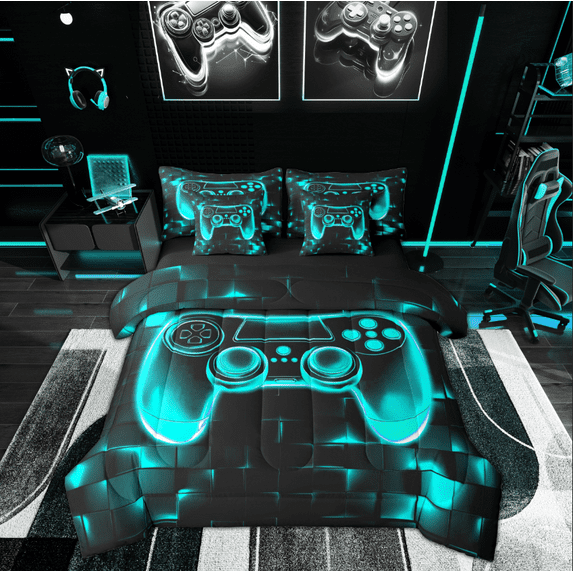 Manfei Neon Cyan Gamepad Twin Bedding Sets 7-Piece, Geometric Honeycomb Bedding Comforter Set, Teen Boy Girl Kid Reversible Sheet Sets, Luxury Bedroom Decor