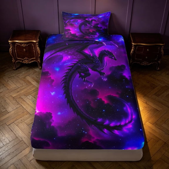 Manfei Neon Dark Dragon Animals Twin Fitted Sheet,Celestial Purple Galaxy Bedding,2 Pieces