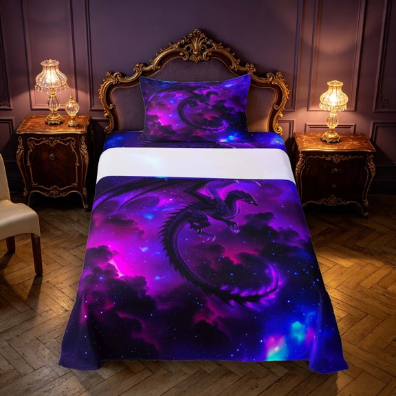 Manfei Neon Dark Dragon Animals Twin Sheets,Celestial Purple Galaxy Bedding,3 Pieces,1 Flat Sheet,1 Fitted Sheet and 1 Pillowcase