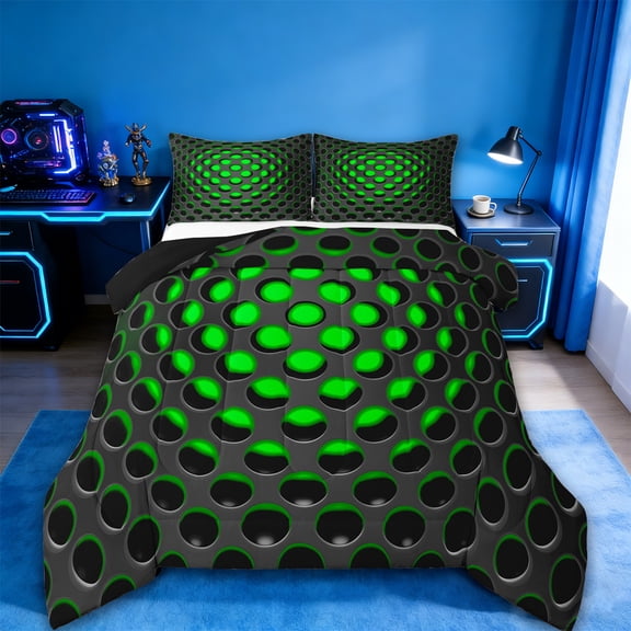Manfei Neon Dense Holes Bedding Comforter Set,Geometric Geometric Hexagon Twin Comforter Sets,Green Black Bedding Set,Breathable Bedroom Decoration Reversible,2pcs