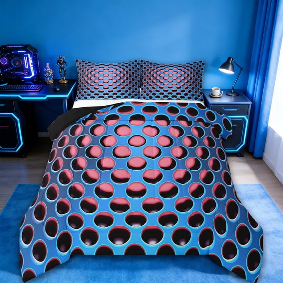 Manfei Neon Dense Holes Bedding Comforter Set,Geometric Geometric Hexagon Twin Comforter Sets,Pink Blue Bedding Set,Breathable Bedroom Decoration Reversible,2 Pieces